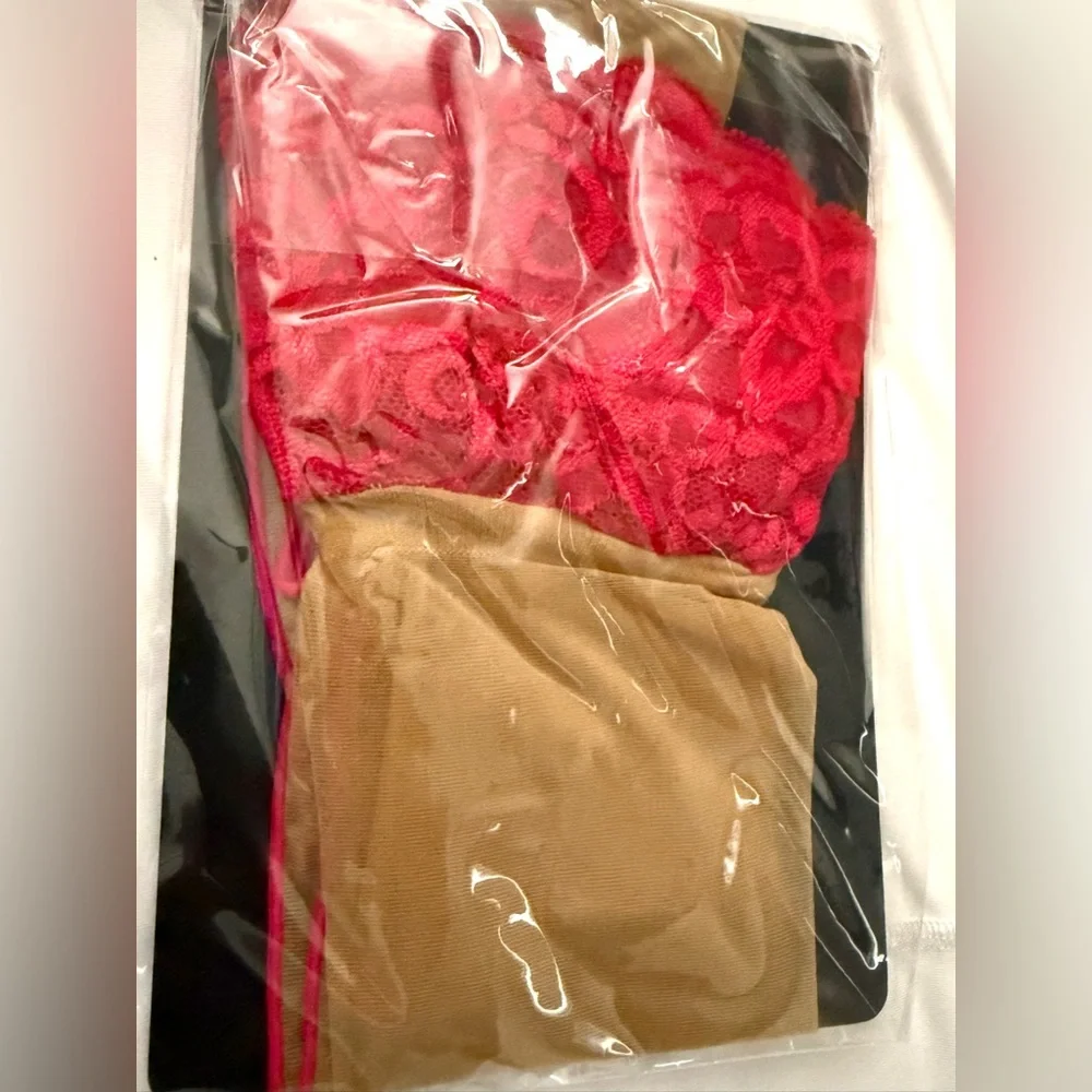 Honey Birdette Dentelle Stay Ups Thigh Highs NAT/RED Lace Top 20 Denier New‎ L